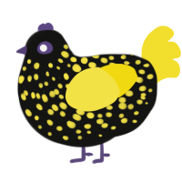 Bee, a black and yellow chicken with a speckle pattern