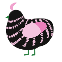A black and pink chicken with a bar pattern