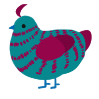A teal and maroon chicken with a bar pattern