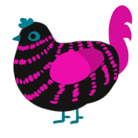 uno, a black and fuchsia chicken with a bar pattern
