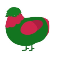 Watermelon, a leaf and crimson chicken with a head pattern
