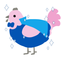 Arno, a ultramarine and pink chicken with a head pattern