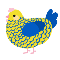 Palmtree Panic, a yellow and ultramarine chicken with a lace pattern