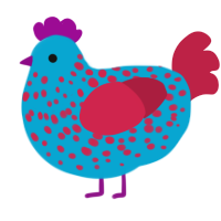 Fruit Bird, a cerulean and crimson chicken with a speckle pattern