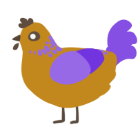 A ochre and blurple chicken with a neck-speckle pattern