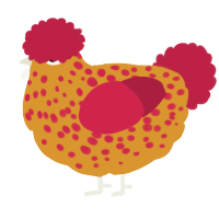 Fluffy, a orange and crimson chicken with a speckle pattern