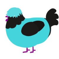 Azuree, a aqua and sable chicken with a head pattern