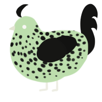 A gluppy and black chicken with a speckle pattern