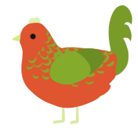 A vermilion and chartreuse chicken with a half-lace pattern