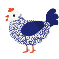 Alabaster, a white and navy chicken with a double-lace pattern