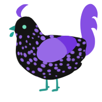 A black and blurple chicken with a speckle pattern