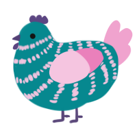 A teal and pink chicken with a bar pattern