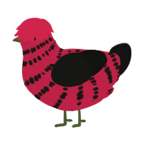 A crimson and black chicken with a bar pattern