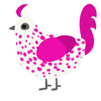 Speckle, a white and fuchsia chicken with a speckle pattern