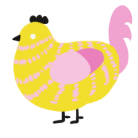 A yellow and pink chicken with a bar pattern