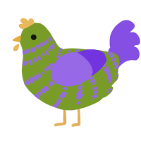 A chartreuse and blurple chicken with a bar pattern