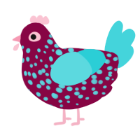A maroon and aqua chicken with a speckle pattern