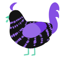 A black and blurple chicken with a bar pattern