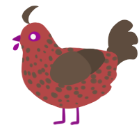 Toe Biter, a red and bark chicken with a speckle pattern