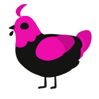 A black and fuchsia chicken with a head pattern