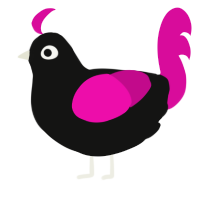 stares, a black and fuchsia chicken