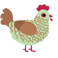 Old man, a gluppy and brown chicken with a lace pattern