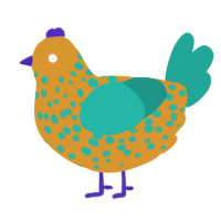 A orange and turquoise chicken with a speckle pattern