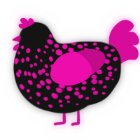 A black and fuchsia chicken with a speckle pattern