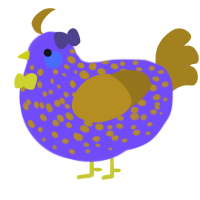 Violet, a blurple and ochre chicken with a speckle pattern