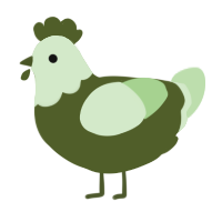 tree with lichen, a olive and gluppy chicken with a head pattern