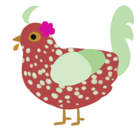 A red and gluppy chicken with a speckle pattern