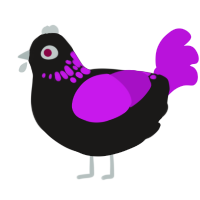 Gundham, a sable and amethyst chicken with a neck-speckle pattern