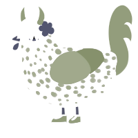 A rose and chartreuse chicken with a speckle pattern