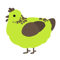 kiwi, a lime and bark chicken with a neck-speckle pattern