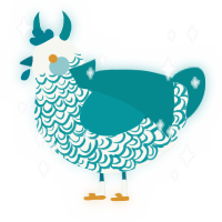 plate, a white and teal chicken with a double-lace pattern