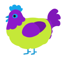 A lime and violet chicken with a head pattern