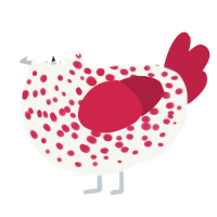 A white and crimson chicken with a speckle pattern
