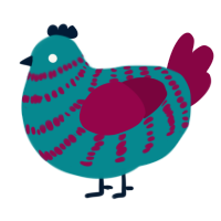 A teal and maroon chicken with a bar pattern