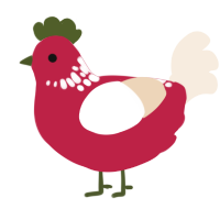decorative apple, a crimson and cream chicken with a neck-speckle pattern