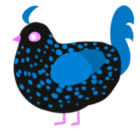 A black and sapphire chicken with a speckle pattern