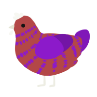 A red and violet chicken with a bar pattern
