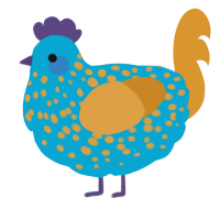 Feather, a cerulean and orange chicken with a speckle pattern