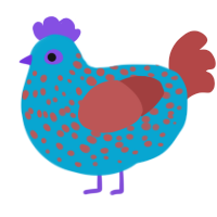 A cerulean and red chicken with a speckle pattern