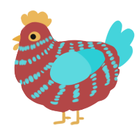 Fruit Punch, a red and aqua chicken with a bar pattern