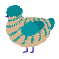 A beige and teal chicken with a bar pattern
