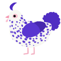 A white and indigo chicken with a speckle pattern