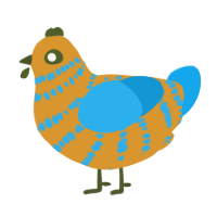 beach boy, a orange and sky chicken with a bar pattern