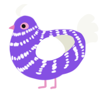 A blurple and white chicken with a bar pattern