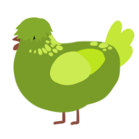 Green field, a chartreuse and lime chicken with a neck-speckle pattern