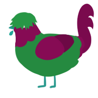 A viridian and wine chicken with a head pattern